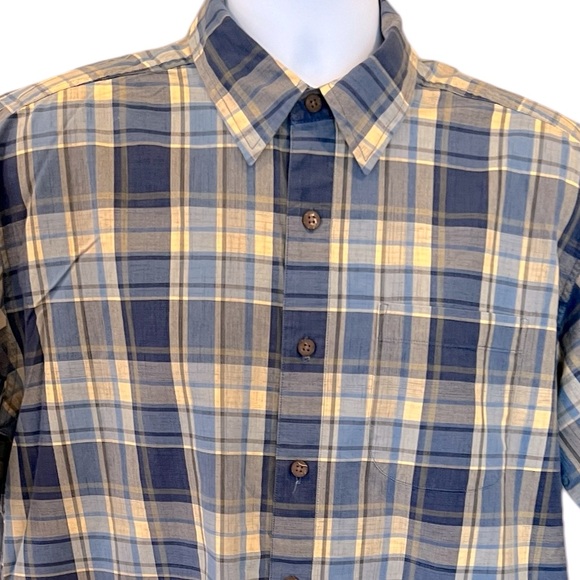 LL Bean Plaid Button Down Shirt Size Large TALL Short Sleeve Dusty Blue Tan - Picture 3 of 8